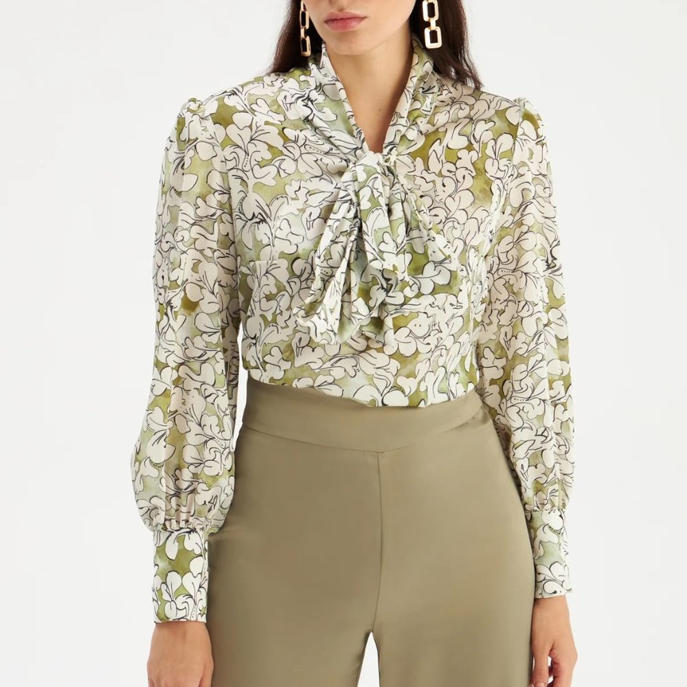 Tie Collar Patterned Blouse - GREEN
